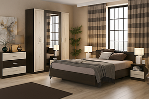 Недорогий комплект меблів у спальню Араміс сучасна модульна система з ліжком комодом з дзеркалом шафою та приліжковими тумбами з Д