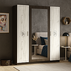 Велика містка красива розпашна чотиридверна шафа 4Д Араміс з ДСП з дзеркалом в повний ріст та штангою для одягу венге/крафт білий