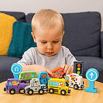 Магнітні дерев’яні машинки WToys 49325 — набір спецтехніки з тваринками, 1+ років, фото 3