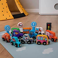 Магнітні дерев’яні машинки WToys 49325 — набір спецтехніки з тваринками, 1+ років, фото 5