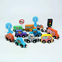 Магнітні дерев’яні машинки WToys 49325 — набір спецтехніки з тваринками, 1+ років, фото 6