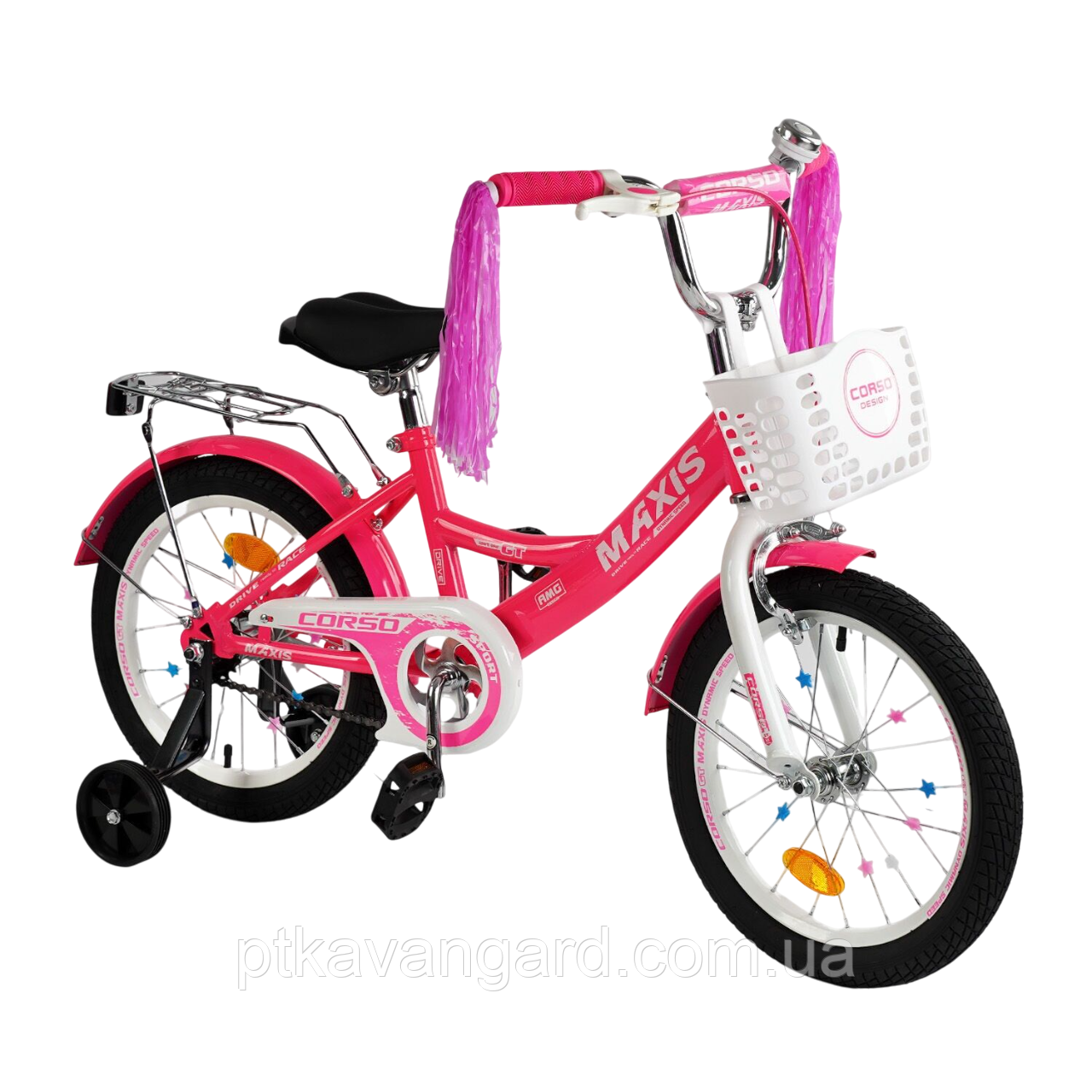 Велосипед дитячий 20" дюймів двухколесний "CORSO" MAXIS CL-20162 (дод. колеса, дзвінок, кошик) рожевий, фото 1