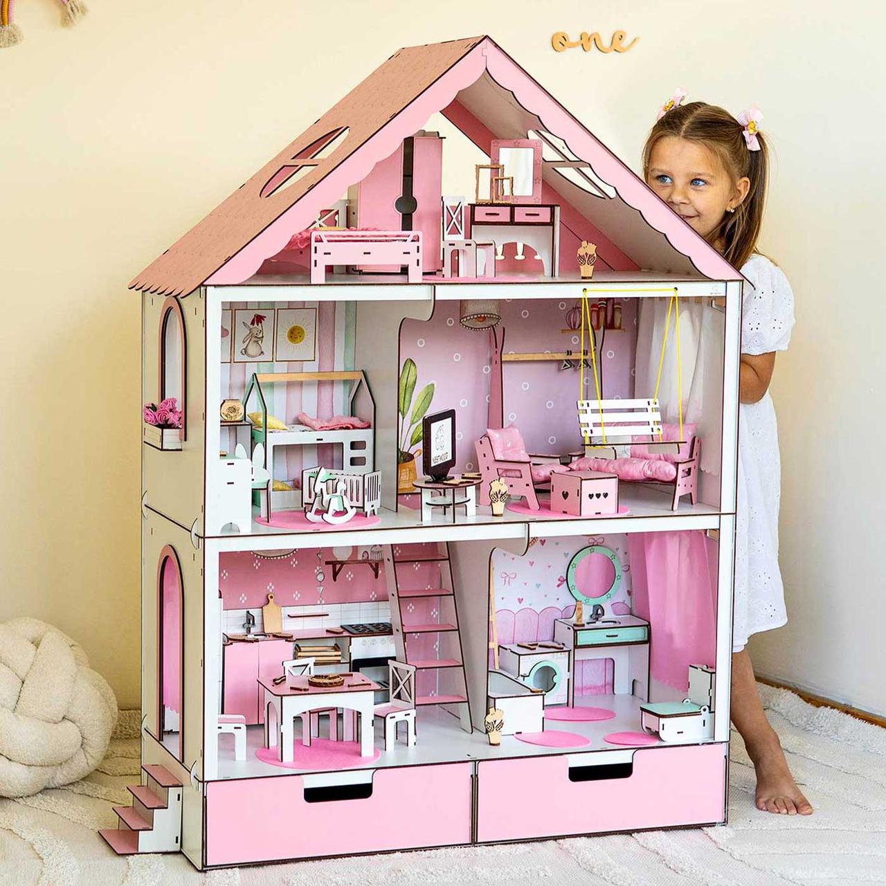 "Фантазія" з органайзером ляльковий будиночок NestWood для Барбі рожевий + вітальня, фото 1