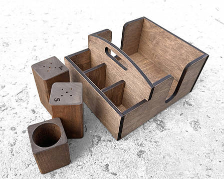 Набір для спецій, серветок та зубочисток на 4 предмети (органайзер №4 з ручкою). Дерев'яні спецівники. Коричневий, фото 2