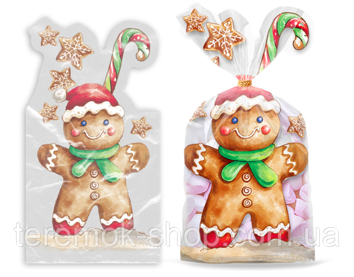 Новорічні подарункові пакети з малюнком Пряник прозорі  фасувальні з затискачами 10 шт 29х18 см біорозкладні, фото 1