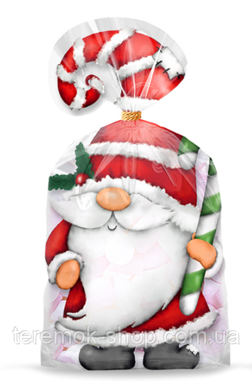 Подарункові пакети з малюнком Різдвяний гном прозорі з затискачами новорічні 10 шт 29х18 біорозкладні, фото 1