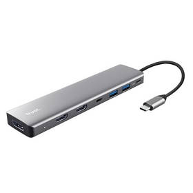 Адаптер Trust Dalyx 7in1 USB-C> 2xUSB-А 3.2/2xUSB-С/2xHDMI/Display Port, Алюміній, 0.16м, Сірий