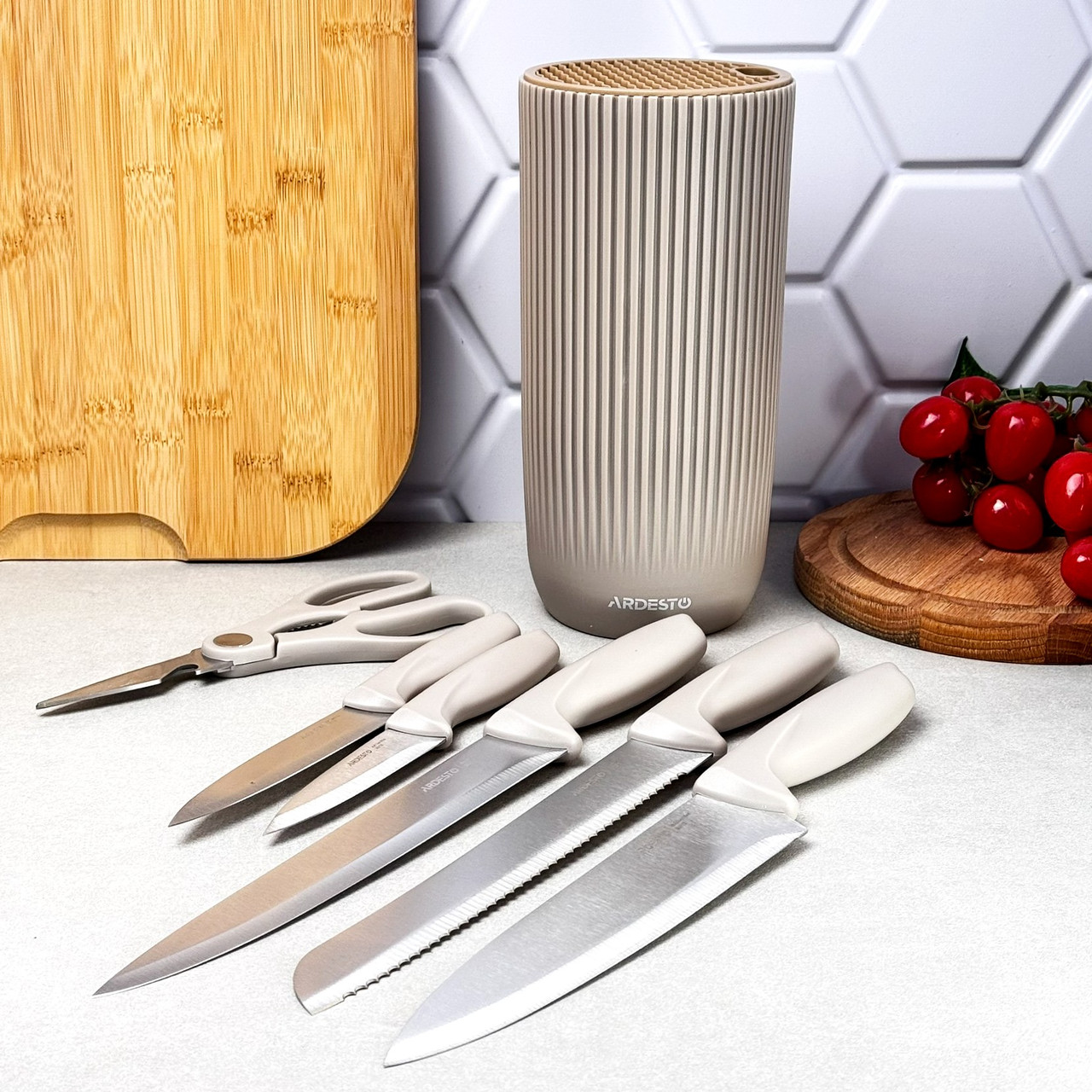Набір ножів Ardesto з підставкою Gemini, 7 предметів, бежевий, нержавіюча сталь, пластик