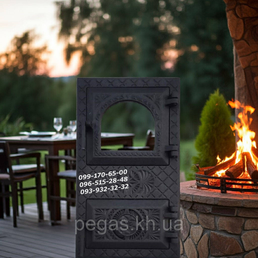Дверцята чавунна дверка зі склом на піч, грубку, барбекю, мангал, тандир, фото 1
