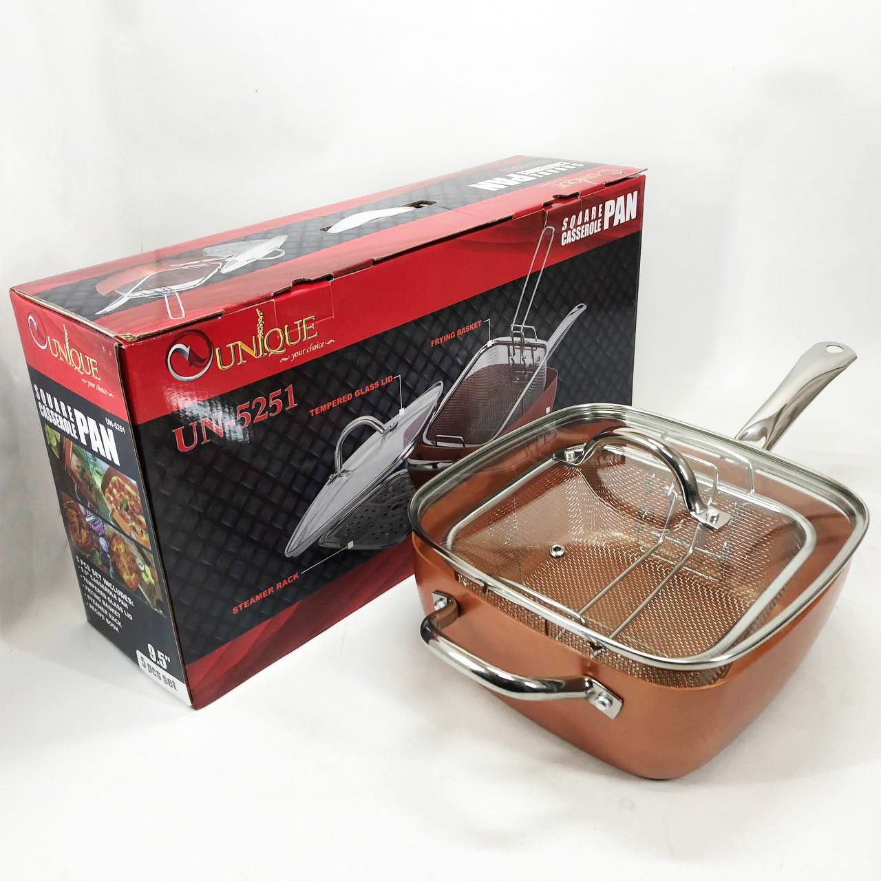 Сковорода-фритюрниця UNIQUE UN-5251 квадратна антипригарна з пароваркою та каструлею + скляна кришка 24 см, фото 1