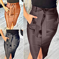 Женские юбки - 408-аз - Стильная женская юбка-карандаш из эко кожи с поясом