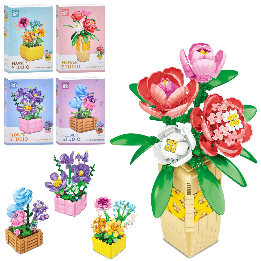 Конструктор квіти, горшик/ваза, от 548дет, 4 види, в кор-ці, 26-37-7см /24/, фото 1