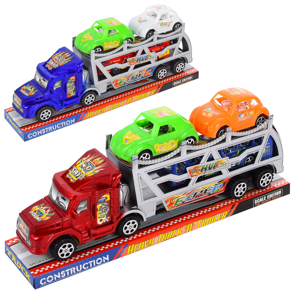 Трейлер транспорт, 2 види (автобус, машинка 2шт), мікс кольорів,у слюді, 31,5-6,5-12,5см /54/, фото 1