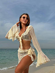 Пляжний жіночий комплект-трійка: купальник коричневий, кофточка з рукавом і спідниця на зав'язках S, М, L