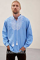 Чоловіча вишиванка блакитна сорочка з білою вишивкою