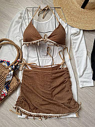 Пляжний комплект коричневий купальник сітка з чашками та спідниця з мушлями-модний вибір для літа 2025