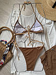 Пляжний комплект коричневий купальник сітка з чашками та спідниця з мушлями-модний вибір для літа 2025, фото 4