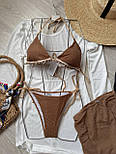 Пляжний комплект коричневий купальник сітка з чашками та спідниця з мушлями-модний вибір для літа 2025, фото 2