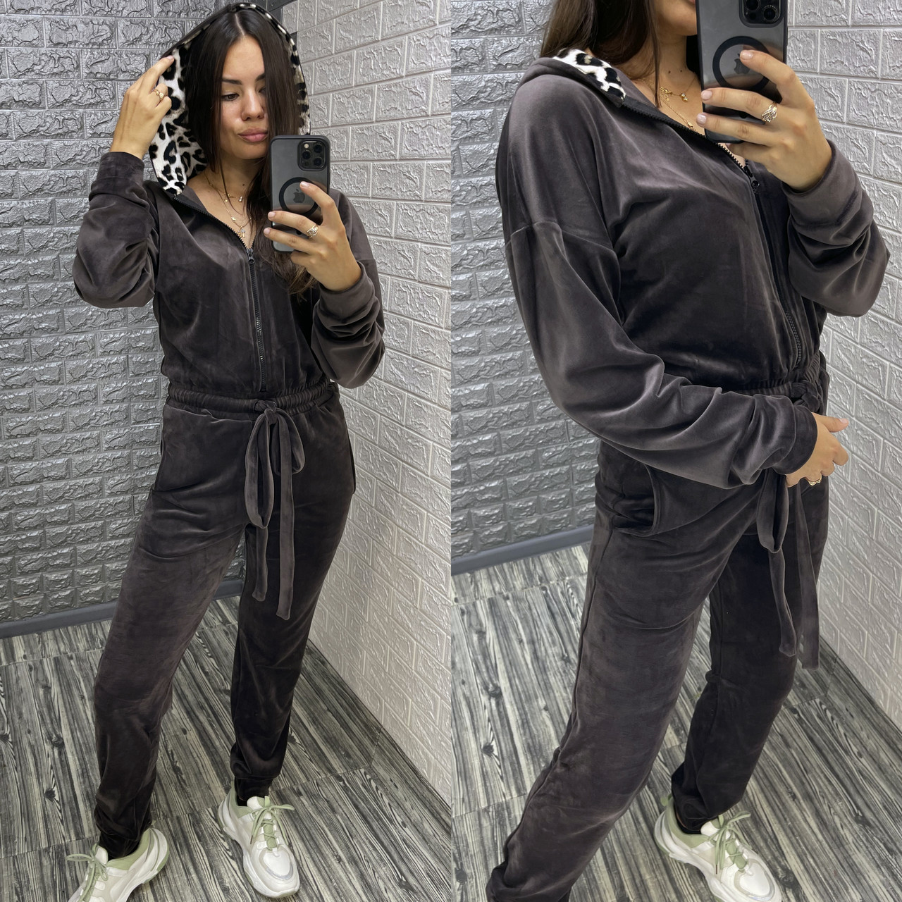 Стильний жіночий велюровий комбінезон з леопардовим капюшоном, фото 1