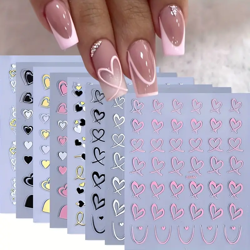 8-пакет рожевих та чорних сердець 3D-наклейок на нігті - золотий геометричний хвилястий та зірковий дизайн - фото 1 - id-p2705585181