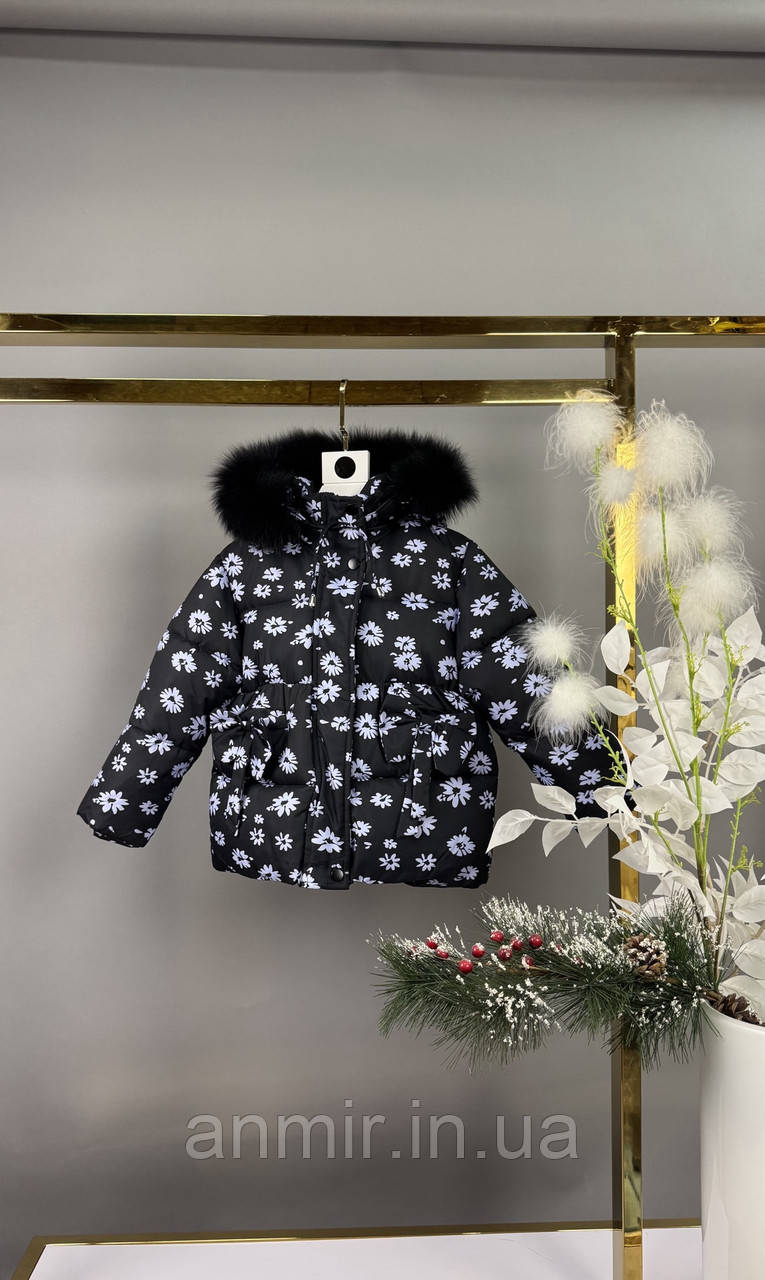 Куртка зимова дитяча принт КВІТИ для дівчинки 9 міс-4 роки, колір чорний, фото 1