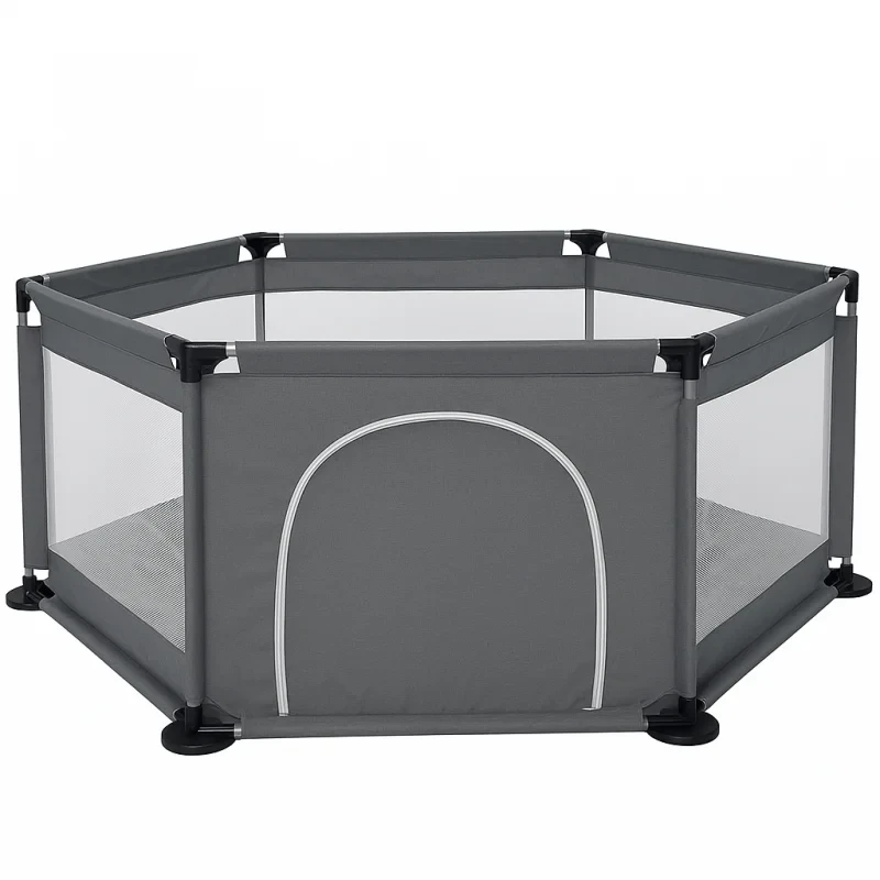 Дитячий складаний манеж шестикутний з москітною сіткою 125×110×65 см сірий, фото 1