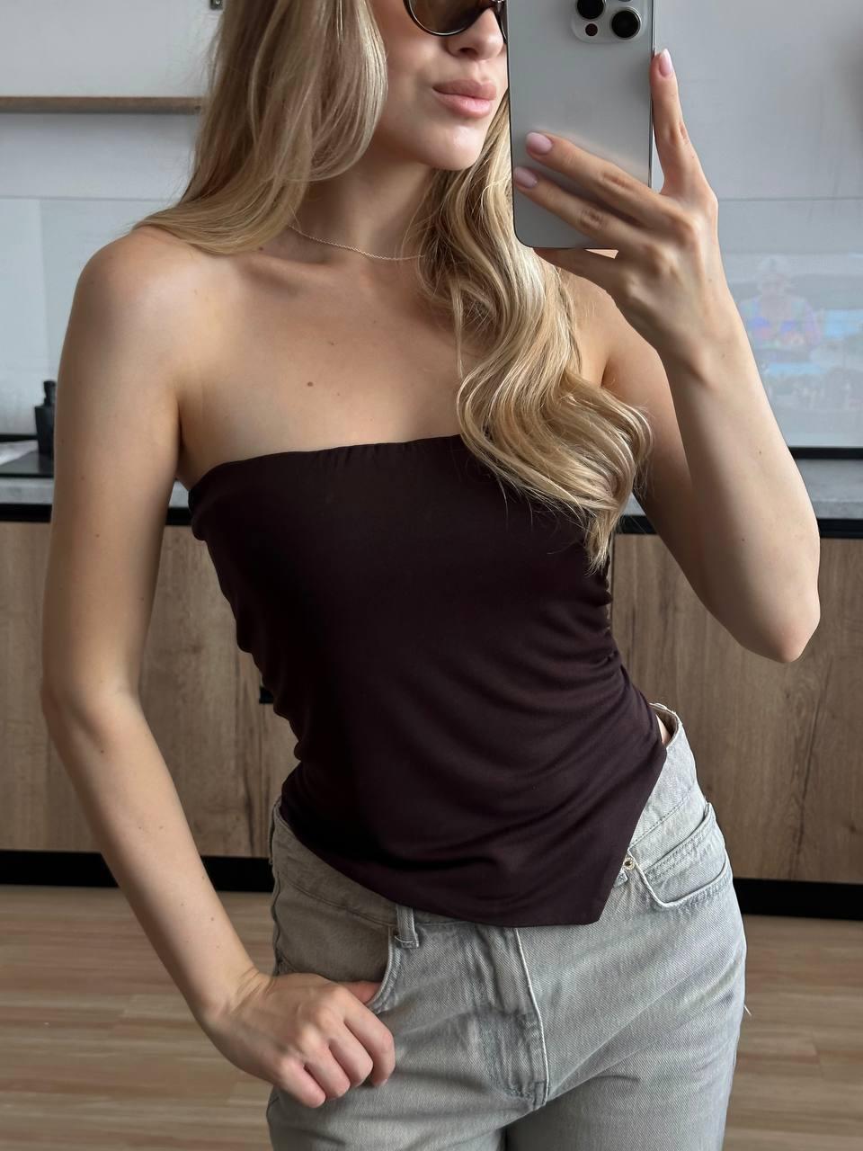 Жіночий топ бандо з асиметричним краєм; Колір чорний, білий, шоколад ; Розмір: 42-46 (one size);, фото 1