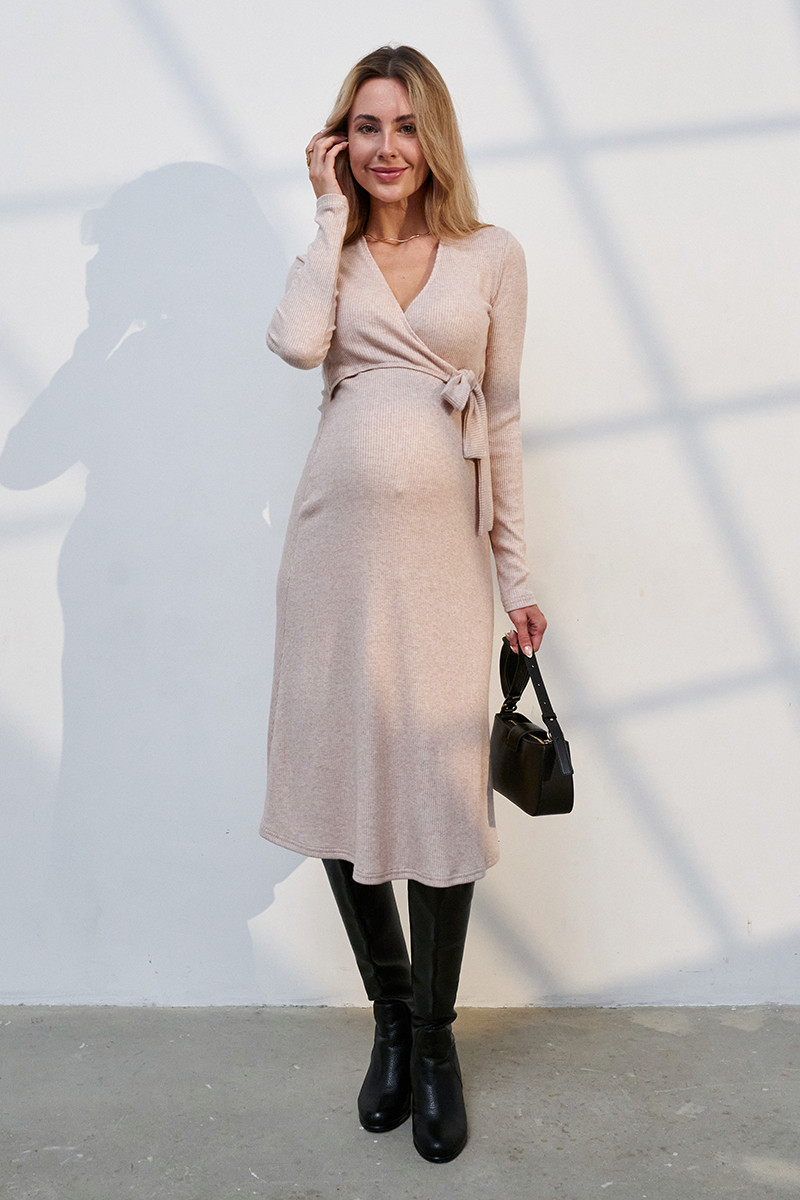 Сукня для вагітних та годування з теплого трикотажу в рубчик Pamela DR-35.031 пудра, фото 1