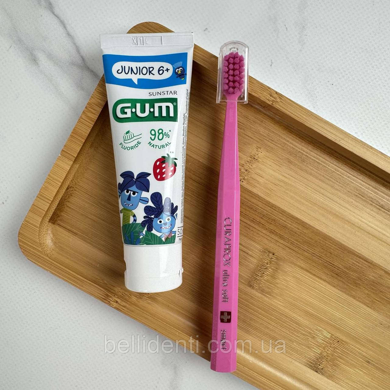 Набір Gum Junior Curaprox Kids від 6-12 років (зубна паста 50 мл із фтором+зубна щітка рожева), фото 1