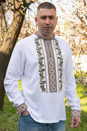 Чоловіча вишиванка з дубовим листям і геометричним орнаментом на льоні з еластаном у розмірах S–5XL, фото 1