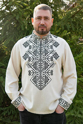 Чоловіча вишиванка з чорним орнаментом на натуральній тканині у бойківському стилі для поціновувачів автентики, фото 1