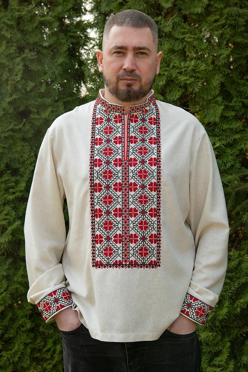 Святкова сорочка з льону для чоловіків із червоно-чорною вишивкою символу роду на натуральному полотні