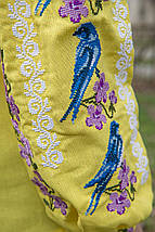 Дитяча вишиванка жовта з хрестиком фіолетові квіти і птахи розміри 110 116 122 128 134 140 146 152 158 164, фото 2