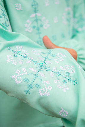 Вишита бірюзова блуза для дівчинки з хрестиковим орнаментом 110–164 фулікра бавовна пеньє, фото 2