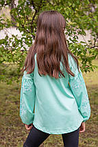 Вишита бірюзова блуза для дівчинки з хрестиковим орнаментом 110–164 фулікра бавовна пеньє, фото 3