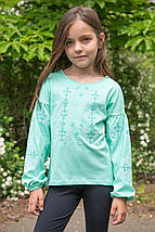 Вишита бірюзова блуза для дівчинки з хрестиковим орнаментом 110–164 фулікра бавовна пеньє, фото 4