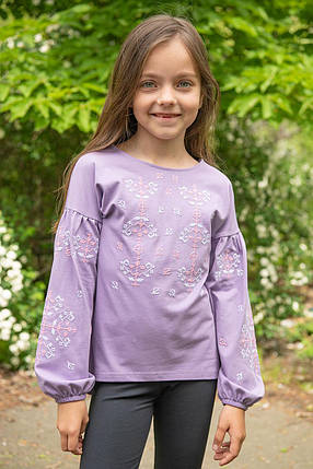Лонгслів дитячий фіолетовий з етновишивкою хрестиком рожевих та білих елементів 110–164, фото 1