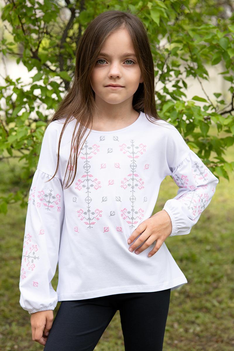Дитячий білий лонгслів блуза з рожево-сірою вишивкою хрестиком розміри 110–164