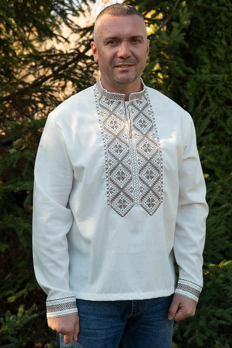 Чоловіча вишиванка молочного кольору з коричневим етноорнаментом із геометрією на довгий рукав S–5XL