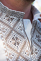 Чоловіча вишиванка молочного кольору з коричневим етноорнаментом із геометрією на довгий рукав S–5XL, фото 2