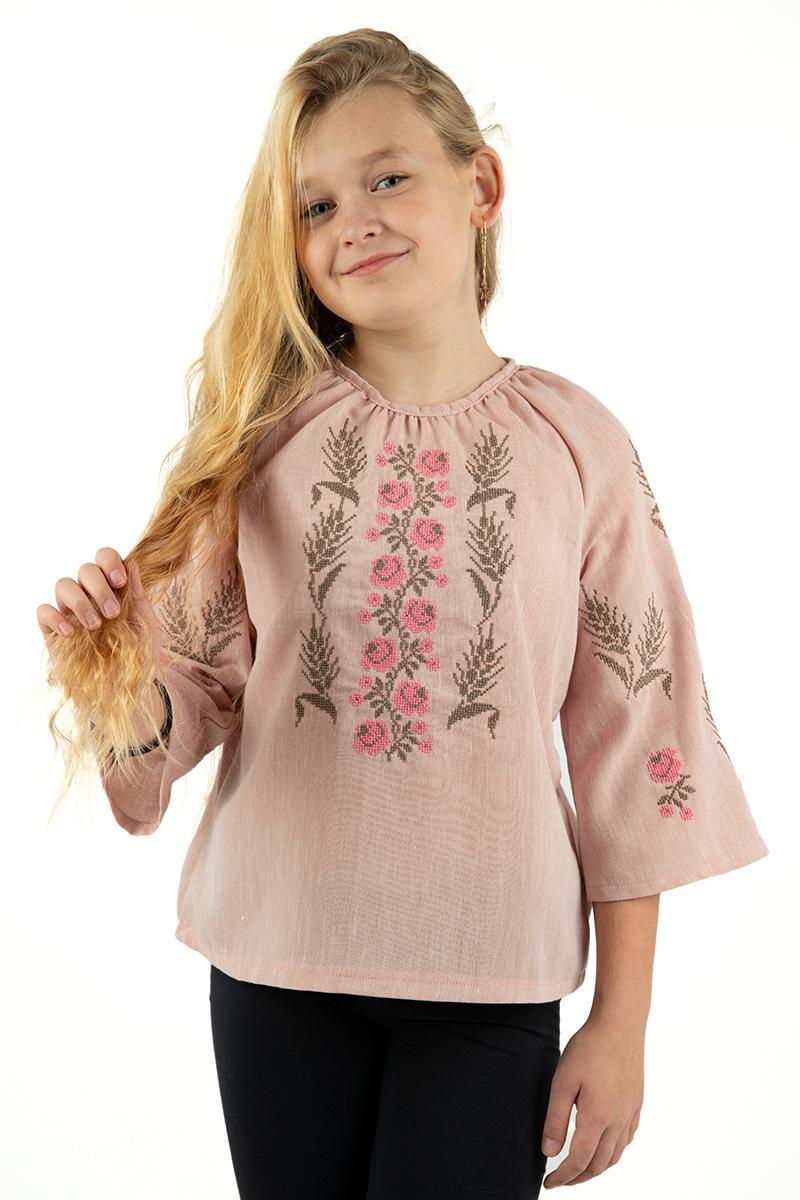 Дитяча блуза з льону рожевого кольору з вишивкою рожевих троянд і пшеничних колосків 3/4 рукав