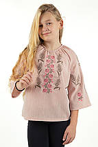 Дитяча блуза з льону рожевого кольору з вишивкою рожевих троянд і пшеничних колосків 3/4 рукав, фото 5
