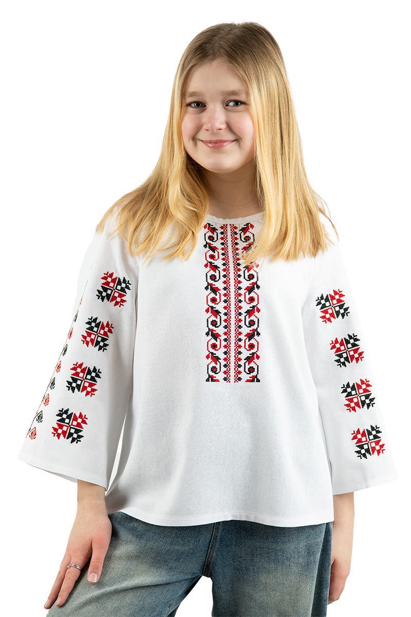 Дитяча вишиванка з геометричною вишивкою червоно-чорного кольору 110–164 см рукав три чверті