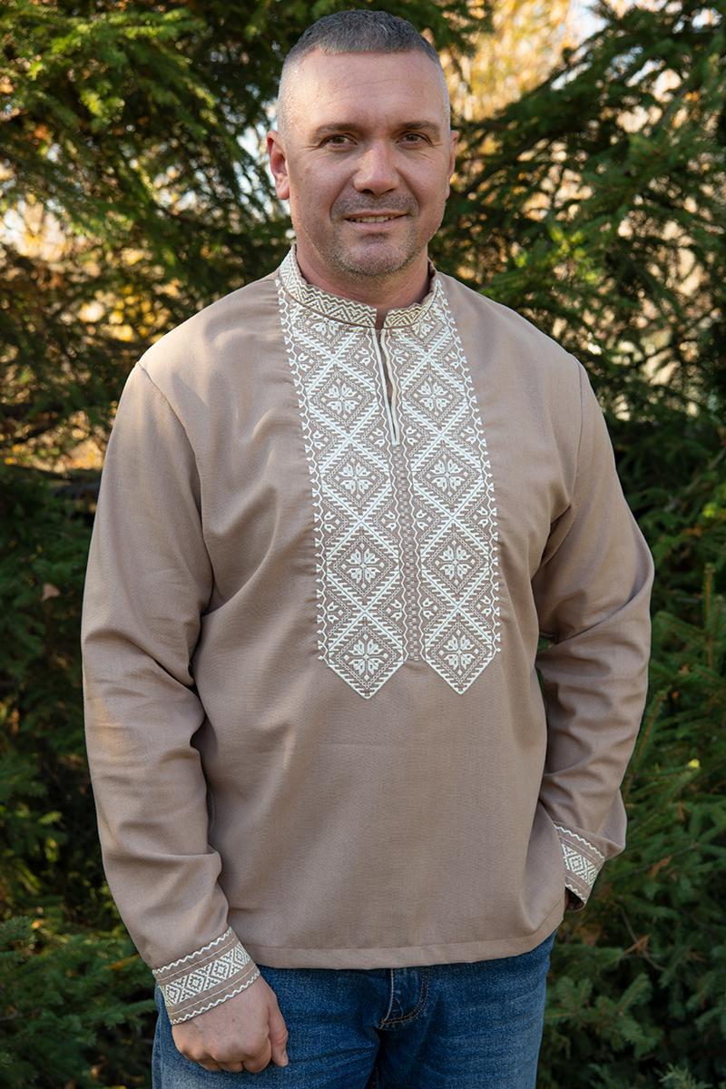 Світла чоловіча вишиванка кольору какао з білим орнаментом льон довгий рукав розміри M–5XL