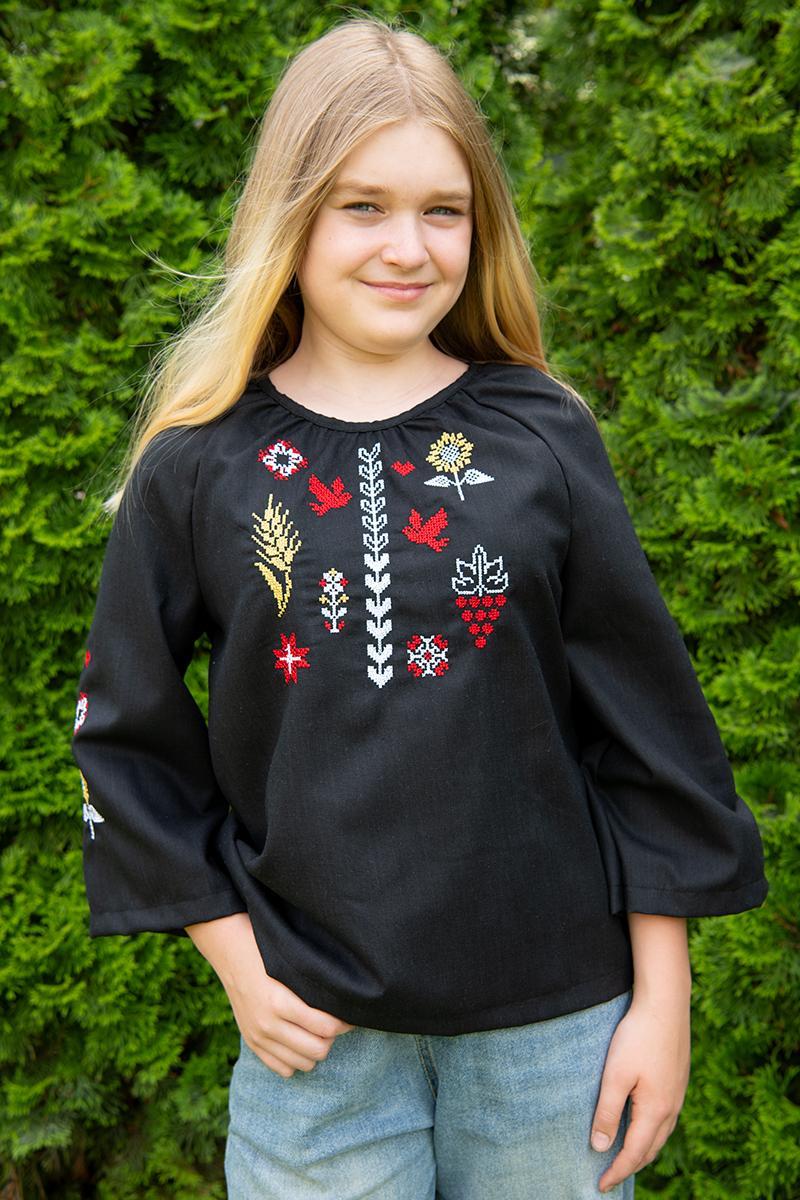 Вишиванка для дівчинки чорна з символами сили і добробуту рукав 3/4 розміри 110–164