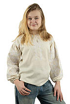 Дитяча сорочка з вишивкою білим орнаментом на бежевому льоні для дівчинки 110–164, фото 5