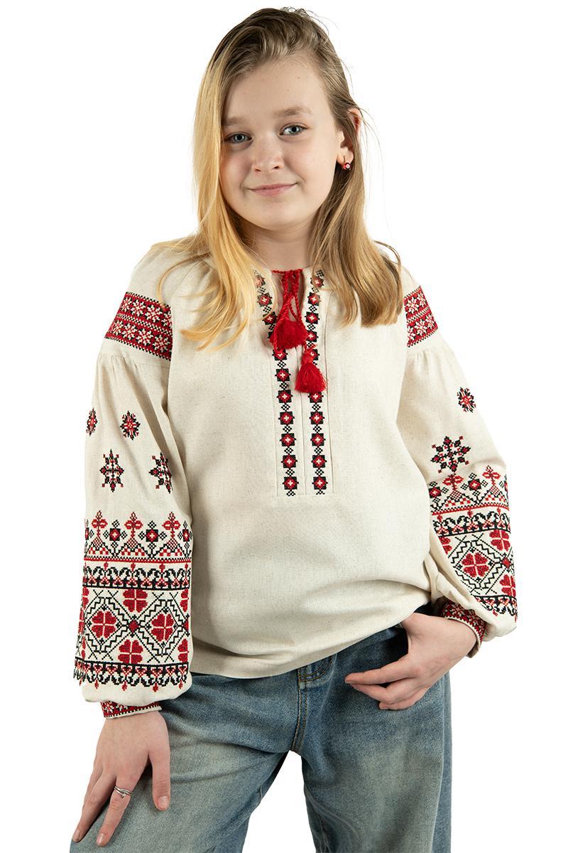 Вишиванка для дівчинки з червоно-чорною геометричною вишивкою на молочній тканині 110–164