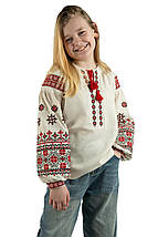 Вишиванка для дівчинки з червоно-чорною геометричною вишивкою на молочній тканині 110–164, фото 5