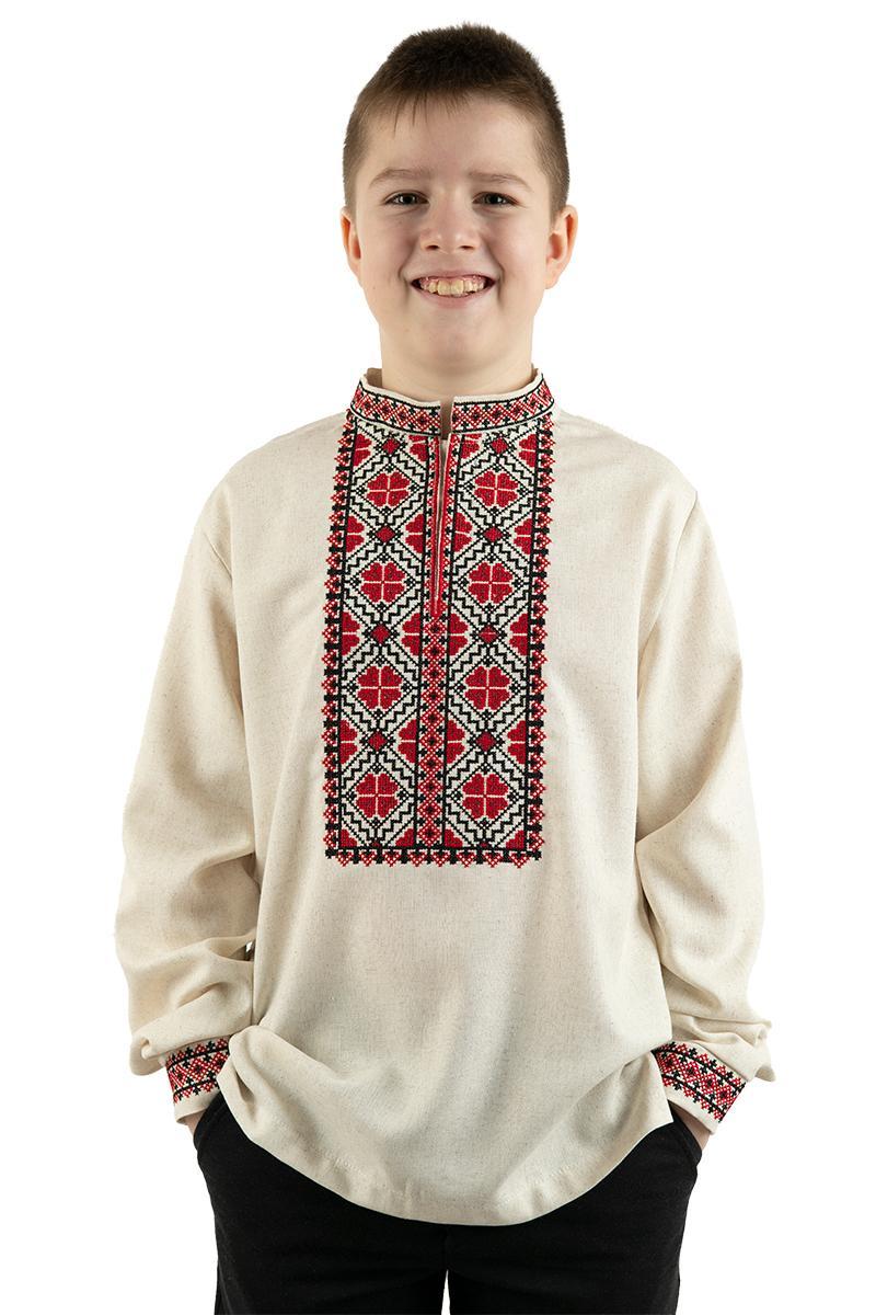 Вишиванка для хлопчика молочного кольору з червоною геометричною вишивкою розміри 110–164