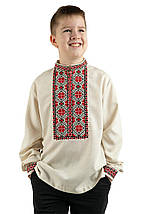 Вишиванка для хлопчика молочного кольору з червоною геометричною вишивкою розміри 110–164, фото 5